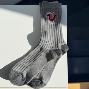 True Religion men's crew socks signature horseshoe logo embroidered in red